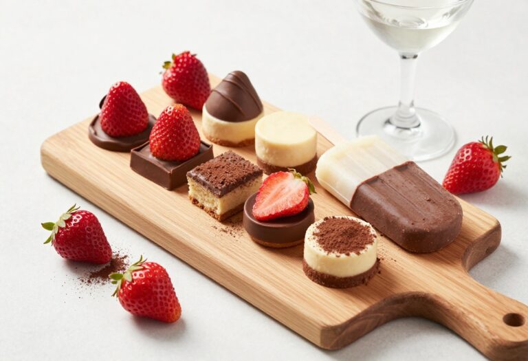 Assorted keto chocolate covered strawberry desserts on a wooden board