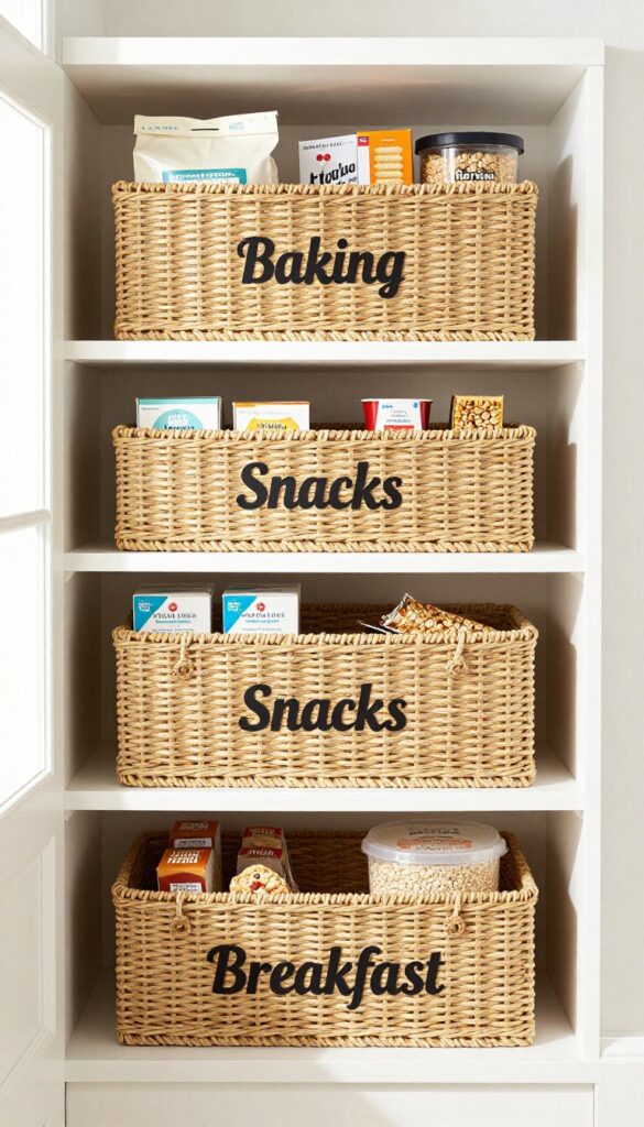 Three labeled woven baskets on a pantry shelf, each containing neatly organized food items, with bright natural light and clean composition.