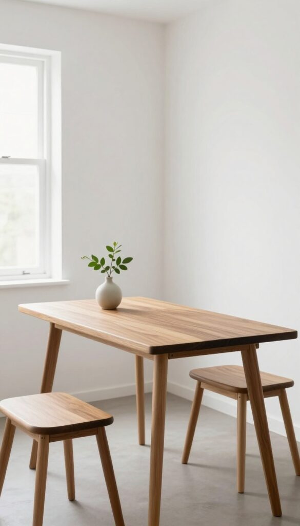 Fold-down table in small kitchen with stools tucked underneath, natural light, clean design.