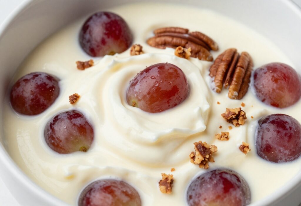 Creamy grape salad with pecan streusel topping in a white bowl