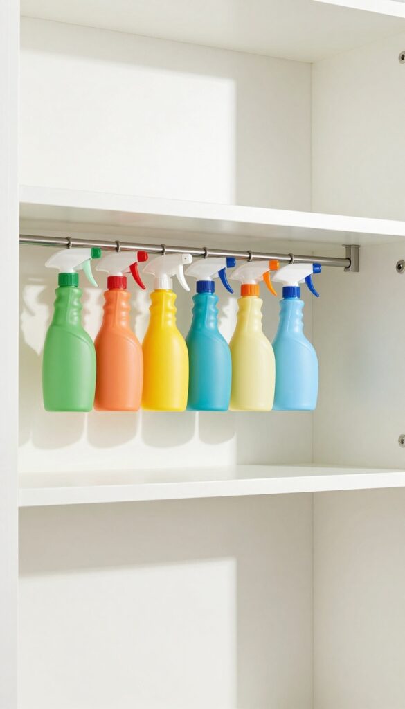 Spray bottles hanging upside down from a tension rod in a pantry, organized and tidy.