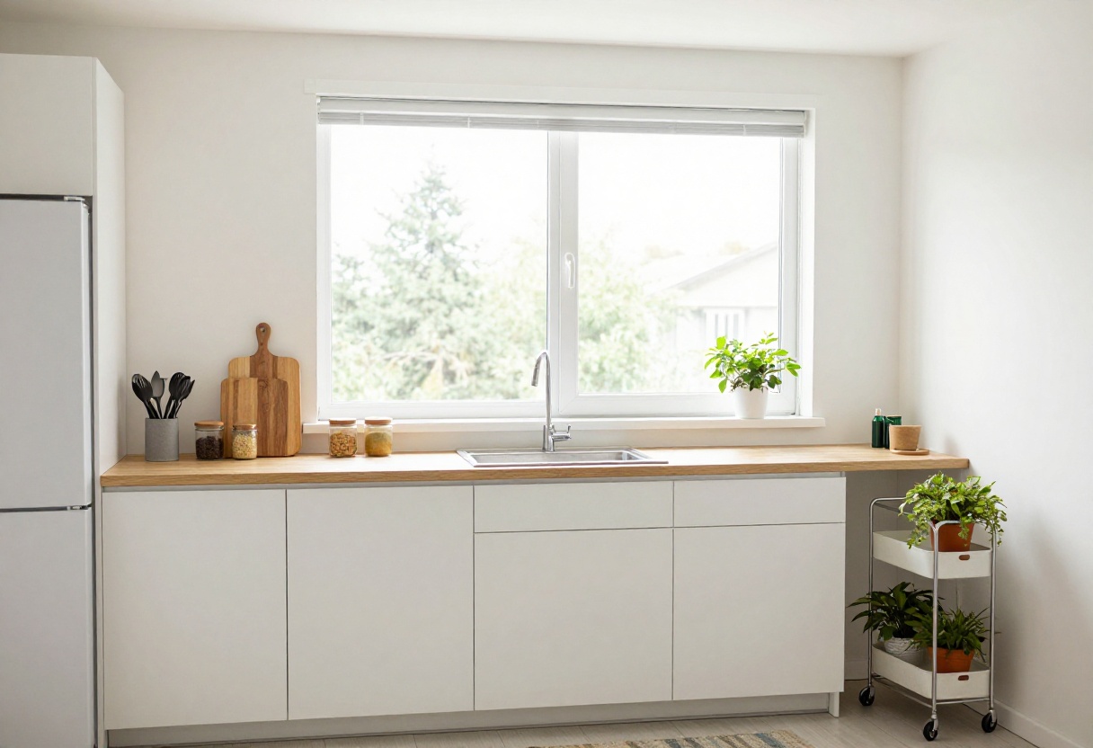 Small apartment kitchen with organized countertops, magnetic spice rack, and rolling cart