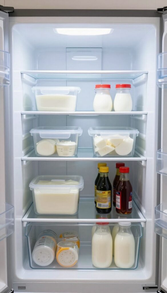 Open refrigerator with clear plastic bins organizing dairy, condiments, and drinks on separate shelves, bright natural light, clean and tidy.