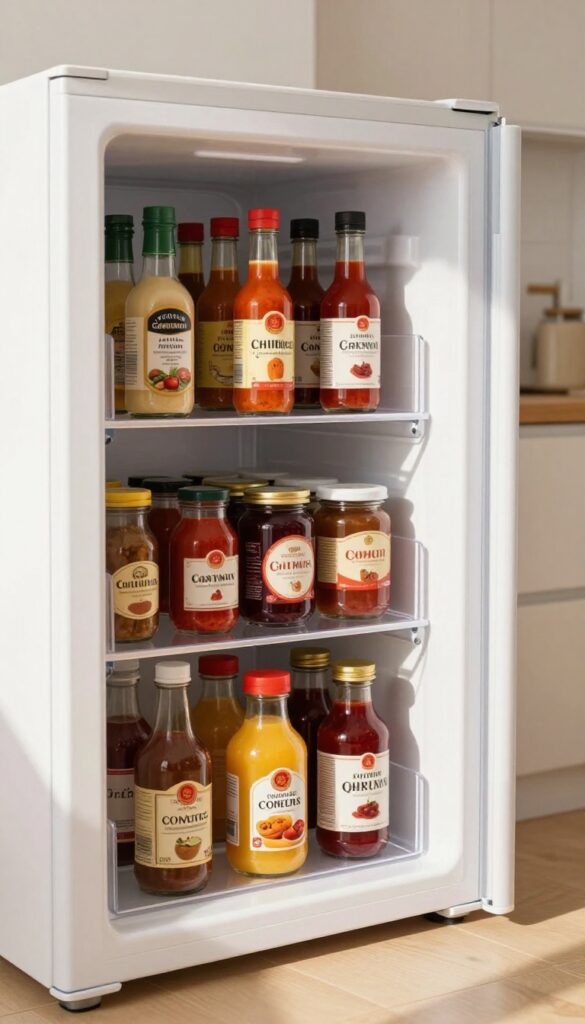 Clear lazy Susan on a fridge corner shelf holding colorful condiment bottles and jars, neatly organized with natural light.
