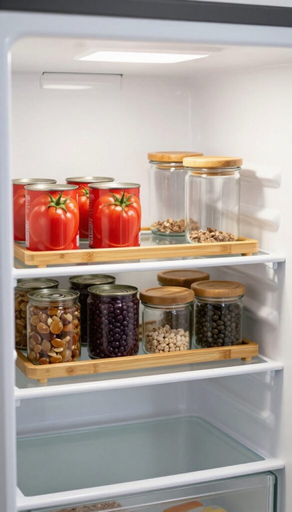 Bamboo tiered shelf riser in refrigerator organizing cans and jars on two levels