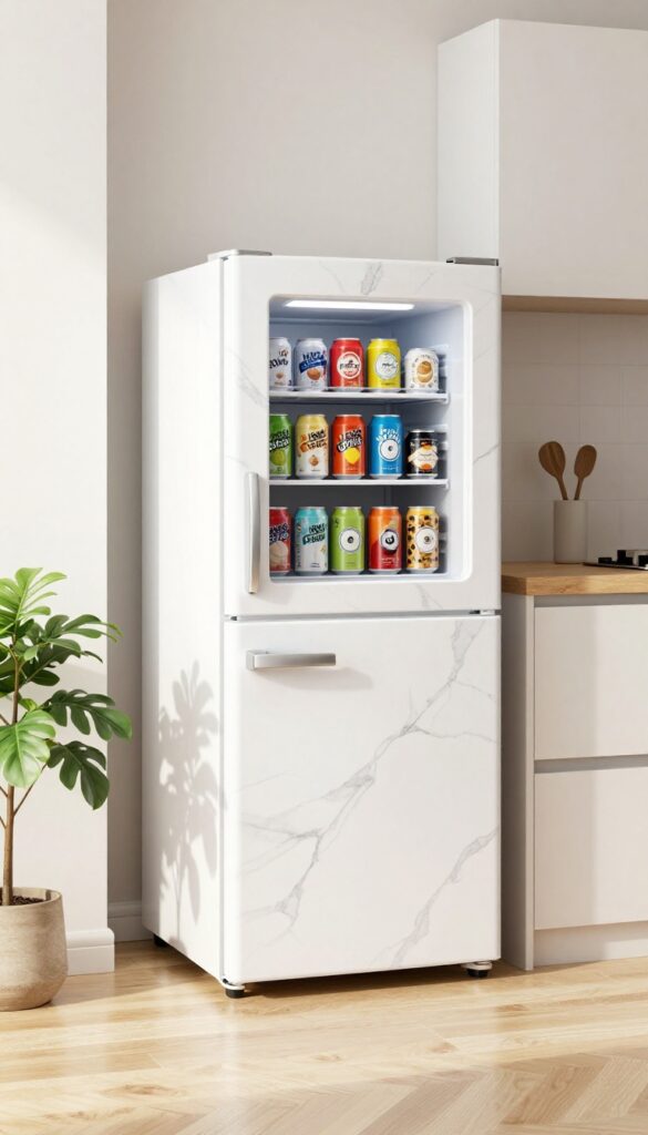 Mini fridge with marble vinyl wrap in bright kitchen setting