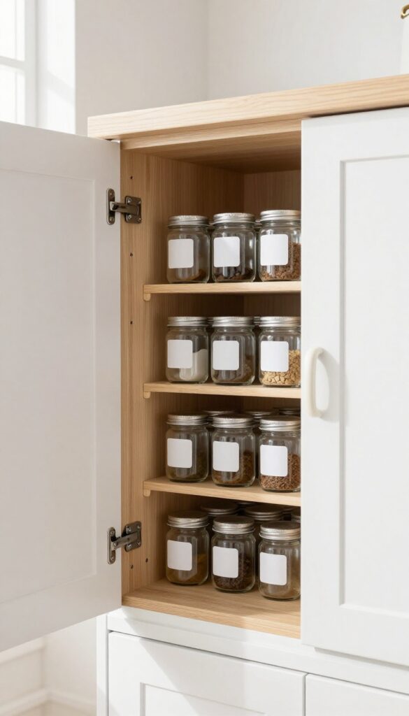 Tiered spice rack on a cabinet door with uniform clear glass jars, organized and well-lit.