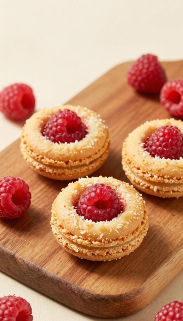 Raspberry swirl keto macaroons on a wooden board