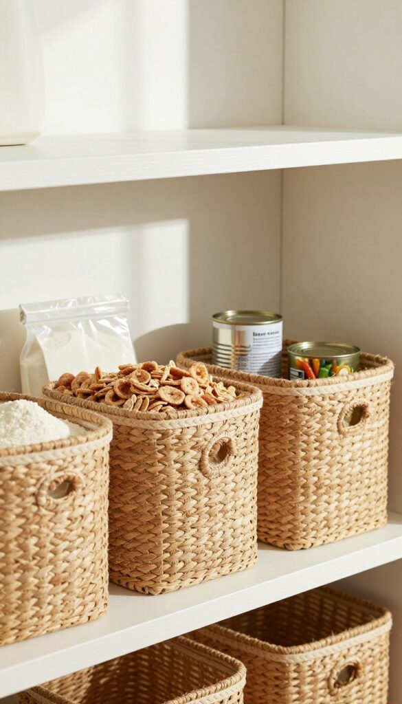 Organized pantry shelf with woven bins grouping breakfast foods, canned goods, and baking supplies under natural light.