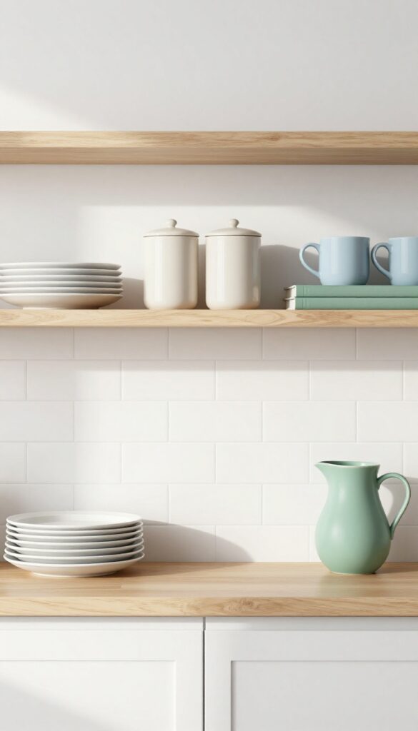 Open kitchen shelves with dishware and cookbooks arranged by color in a gradient from white to cream to pale blue to sage green, creating a calm and gallery-like display.
