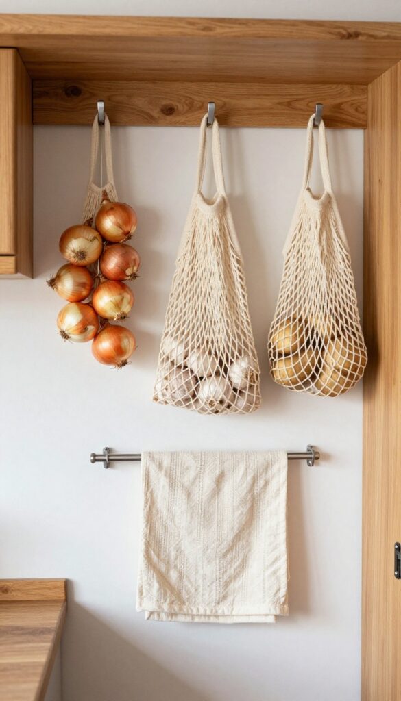 Hanging mesh bags filled with produce in a camper kitchen, saving counter space with vertical storage.