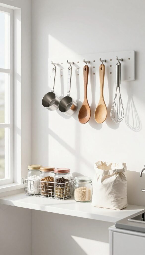 A pegboard in a pantry with hanging kitchen tools, baskets, and shelves, natural light, organized and bright.