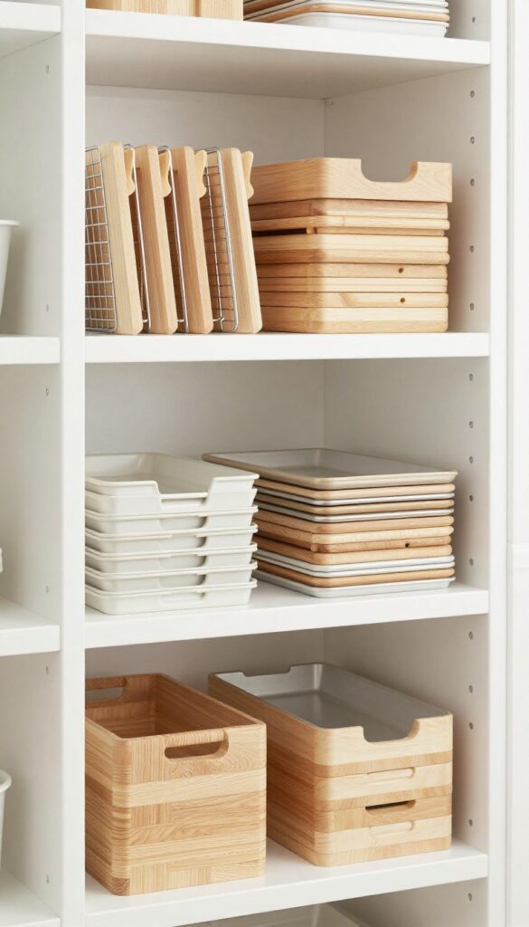 Deep pantry shelf with white expandable dividers organizing baking sheets and cutting boards vertically, bright natural light, clean and airy.