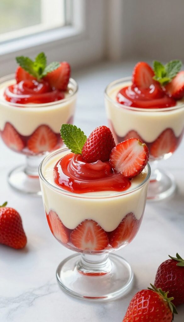 No-bake strawberry cheesecake mousse cups with strawberry swirls and fresh strawberry garnish on marble surface in natural light