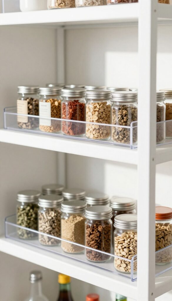 A pantry shelf with a clear acrylic shelf riser organizing spices and cans vertically.