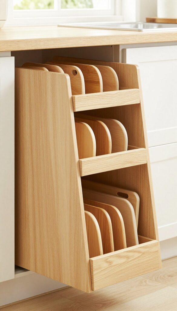 Deep kitchen drawer with vertical dividers organizing baking sheets and cutting boards upright.