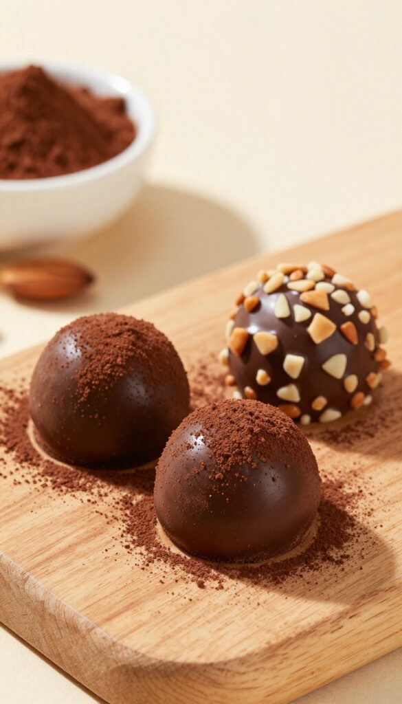 Three dark chocolate truffles on a wooden board, two coated in cocoa powder and one in chopped nuts, with natural light and minimalist styling.