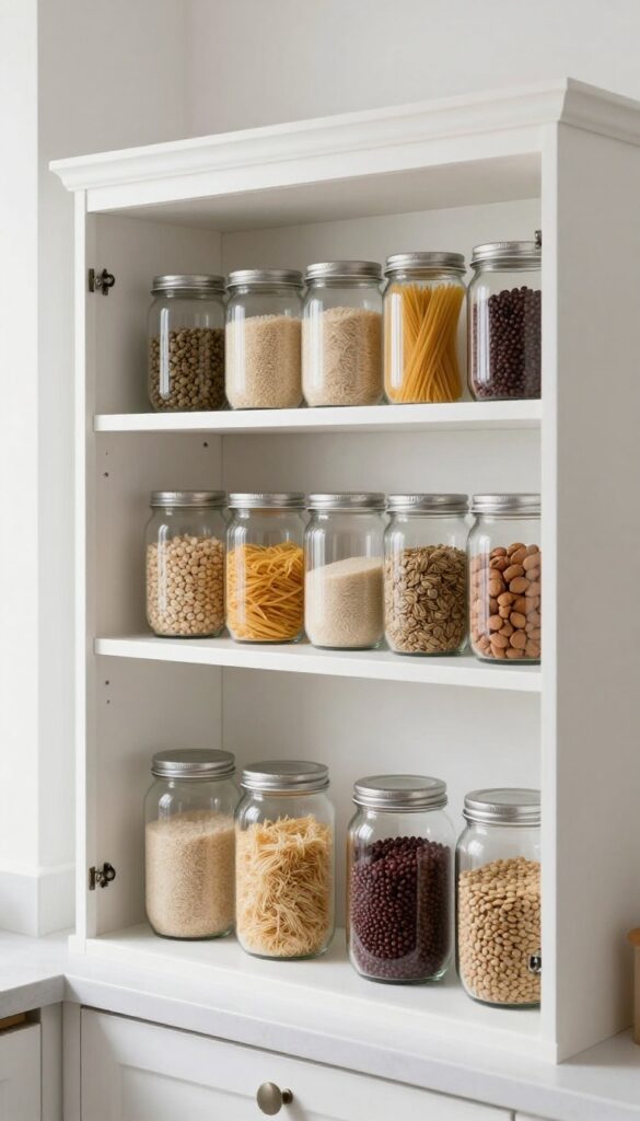 Open kitchen cabinet with clear glass jars filled with dry goods, neatly organized on white shelves, natural light.