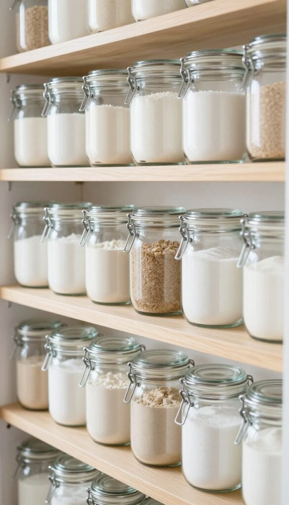 Neat row of glass clip-top jars filled with baking staples on a pantry shelf