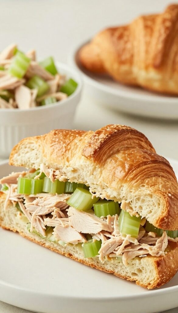 Close-up of chicken salad sandwich on croissant with visible texture and a bowl of extra chicken salad.