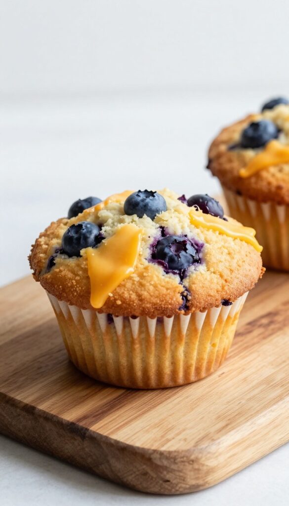 Golden keto blueberry cheddar muffin on wooden board with melted cheese and blueberries