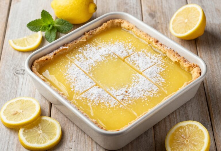 Gluten free lemon bars in a baking dish, dusted with powdered sugar, with lemon slices and mint on a wooden table.