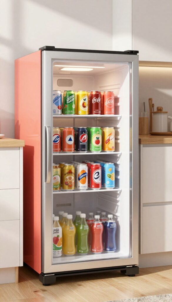 Open drink fridge with coral painted back panel, filled with colorful cans and juice boxes, in a bright kitchen.
