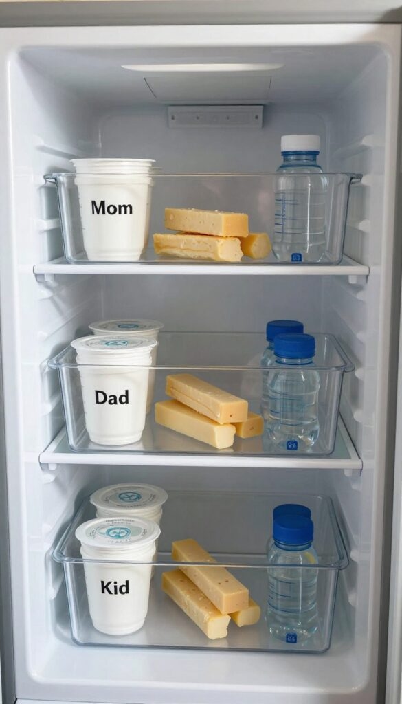 Organized fridge door with clear labeled bins for each family member, each containing a yogurt, cheese stick, and water bottle.