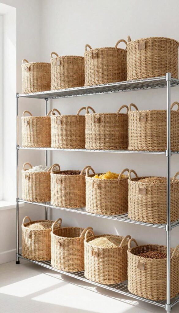 Uniform woven baskets on wire pantry shelves creating a streamlined, organized look