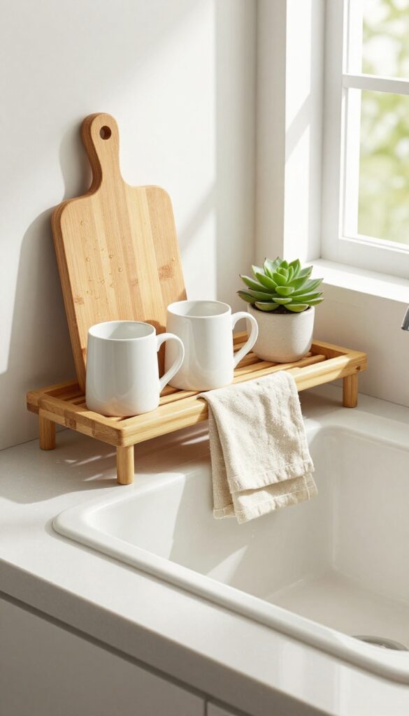 Bamboo over-the-sink shelf with drying dishes and a succulent in a bright kitchen