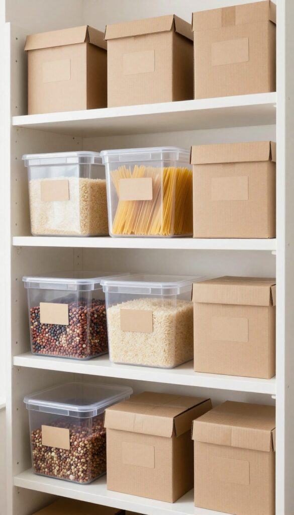 Organized kitchen pantry with labeled clear bins for bulk dry goods