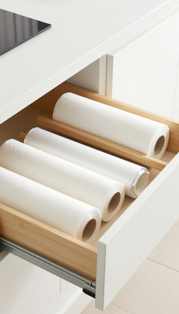 Opened kitchen drawer with mounted paper towel and foil holder inside, neatly organized.