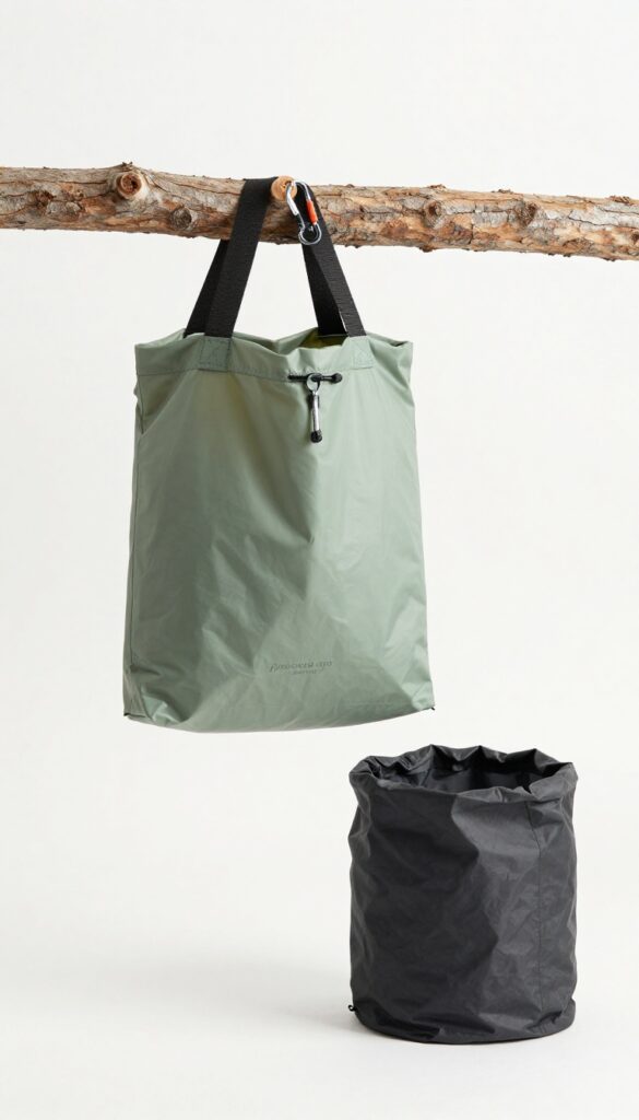 A sage green dry bag hanging from a tree branch at a campsite, serving as a trash bin, with a charcoal dry bag for recycling on the ground.