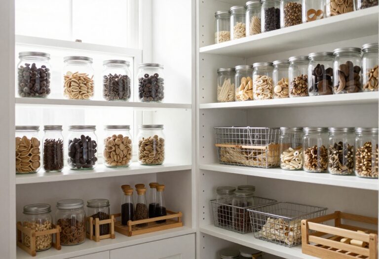 Organized IKEA pantry with glass jars and wire baskets on white shelves