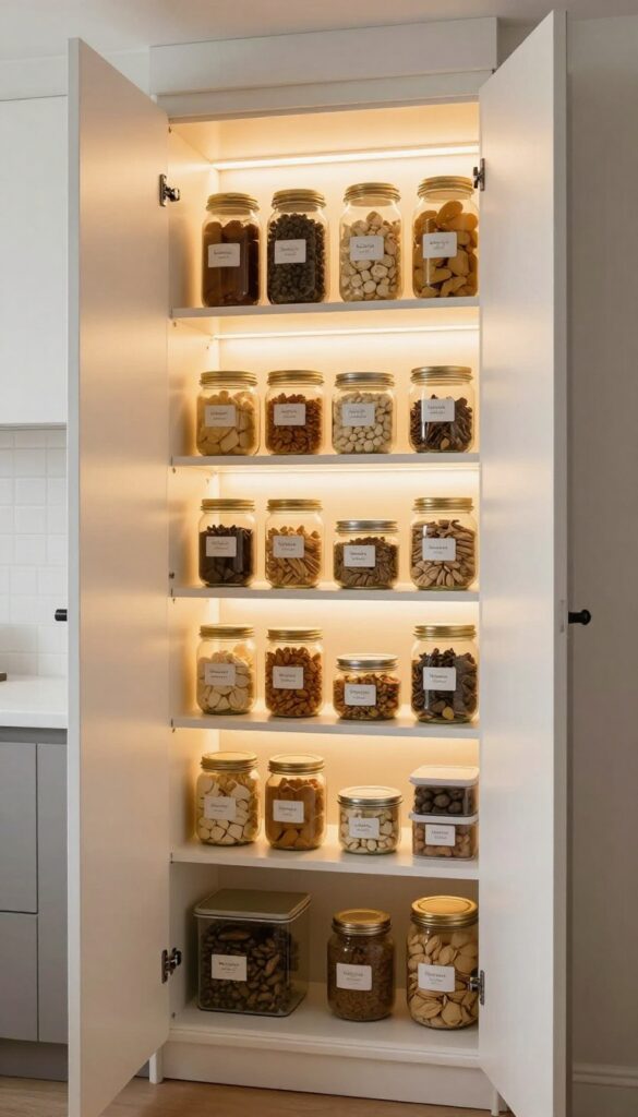 Cozy pantry with warm LED strip lights under shelves illuminating glass jars and containers.