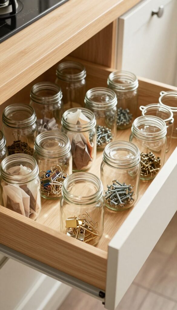 Mason jars screwed under a deep kitchen drawer lid, filled with tea bags, binder clips, pushpins, and screws, with natural light highlighting the glass.