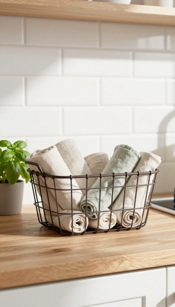 Rolled kitchen towels in a wire basket on a kitchen countertop with a wooden cutting board and potted herb