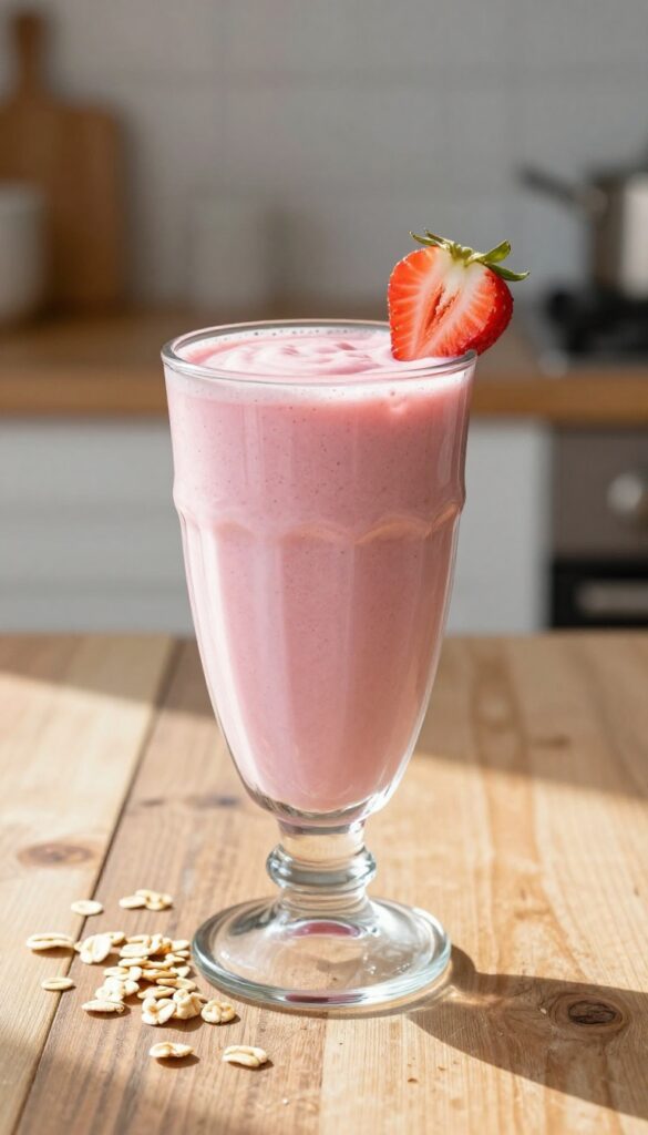 Strawberry vanilla oats smoothie in a glass on a wooden table with natural light