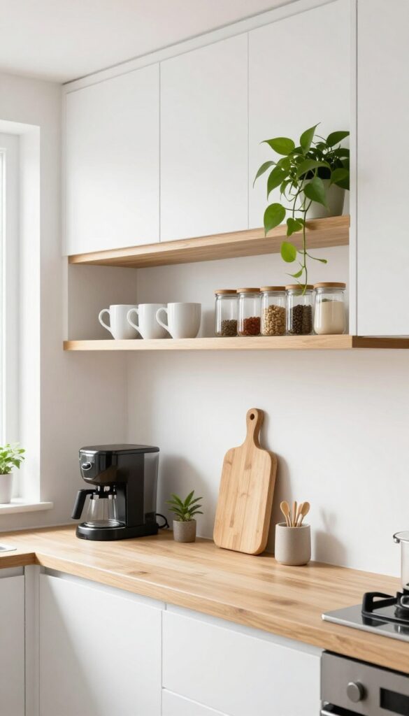 Slim shelf mounted under upper cabinets holding mugs and spices, with clear counter below.
