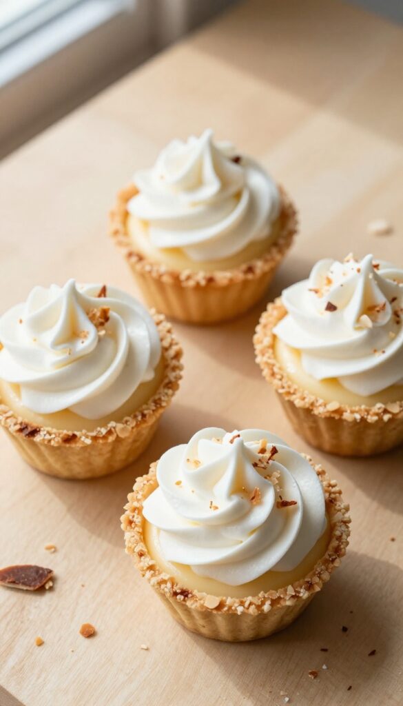 Mini coconut cream pie cups with almond flour crust, coconut custard, whipped cream, and toasted coconut flakes on a wooden table.