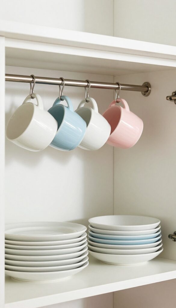 Hanging cups from a tension rod inside a kitchen cabinet