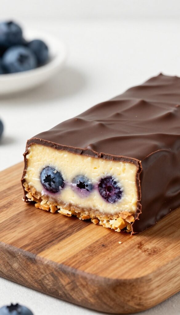 Chocolate-dipped blueberry cheesecake bar on a wooden board