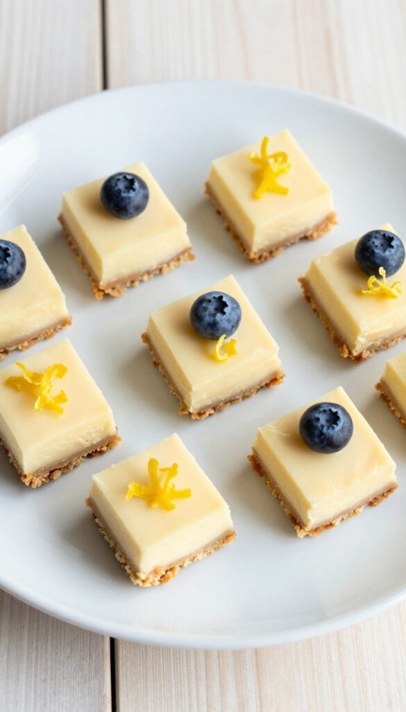 Lemon cheesecake bites with blueberry and lemon zest garnish on a white plate.