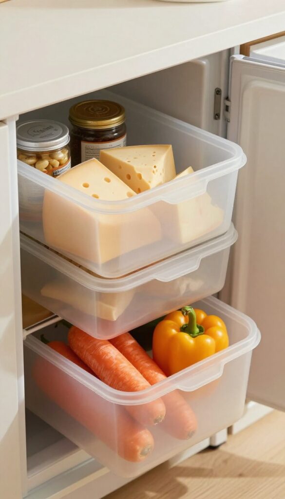Clear bins organizing fridge drawers with vegetables and condiments
