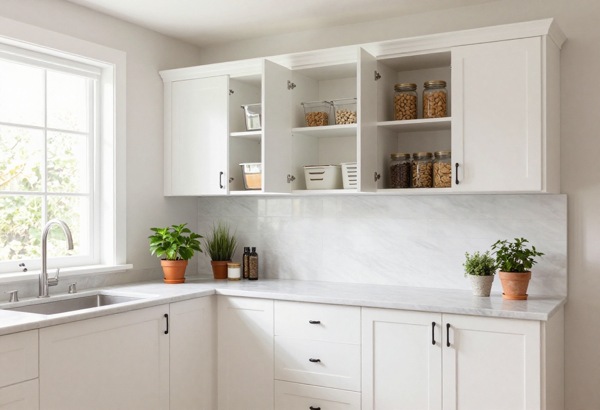Organized kitchen cabinets with clear bins, labeled jars, and a lazy Susan on open shelves, bright natural light.