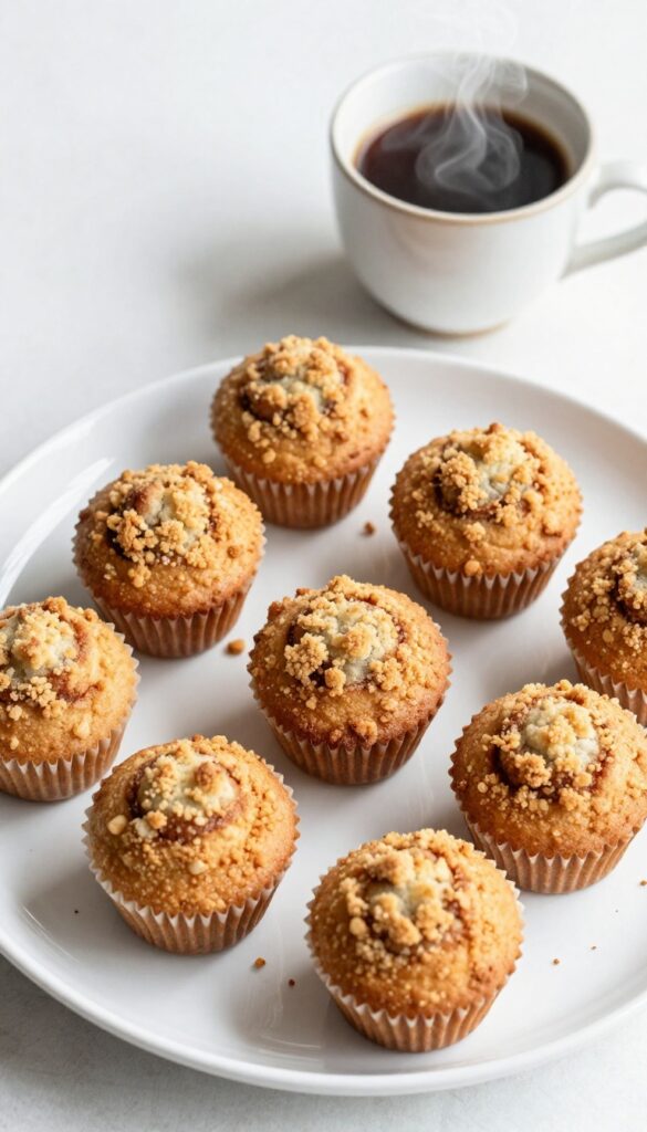 Mini cinnamon coffee cake muffins on a plate with a cup of coffee on a wooden table.