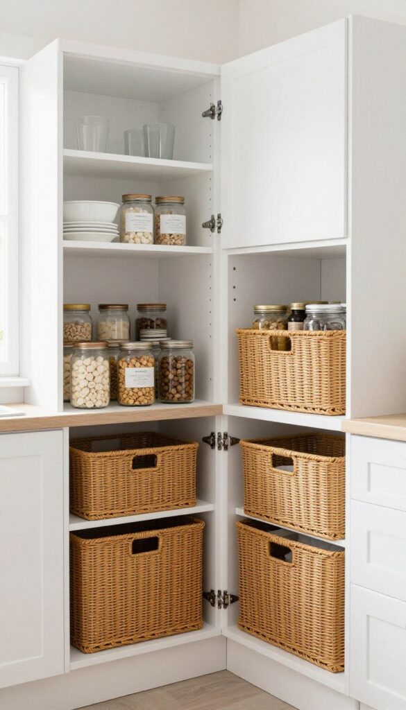 Pull-out pantry baskets in a modern kitchen, rattan baskets with organized jars and packages inside open cabinets, natural light, clean composition.