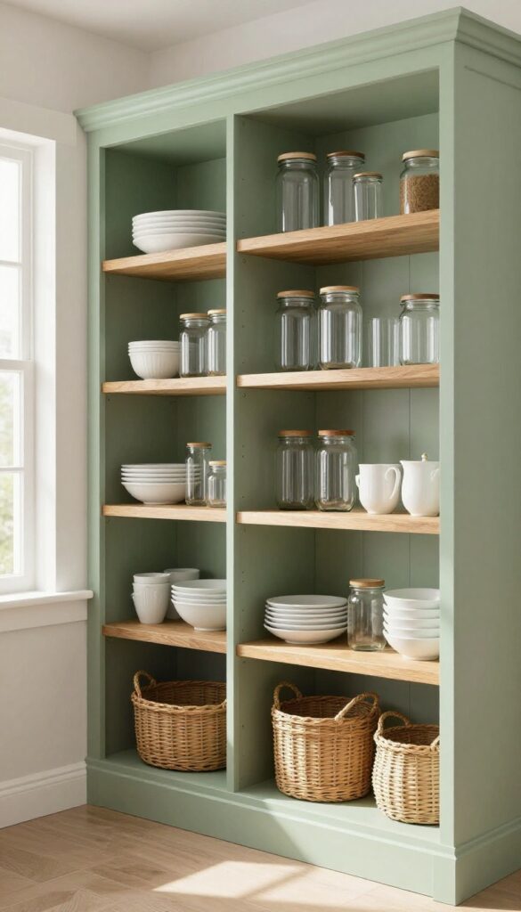 Bright pantry with sage green interior, open wood shelves, glass jars and baskets, natural light