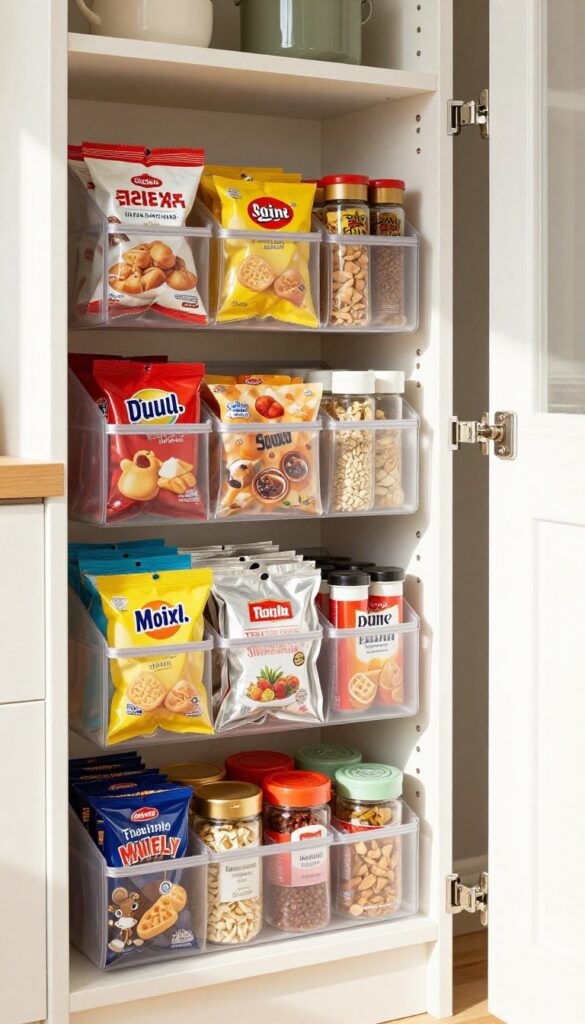 Clear over-the-door shoe organizer hanging on pantry door filled with snacks and spices