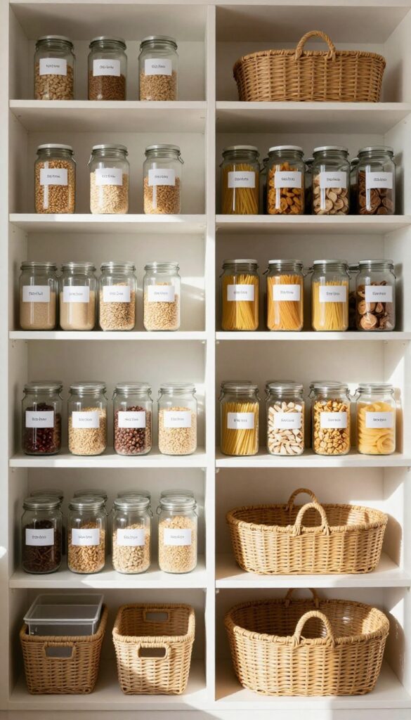 A tidy pantry with labeled glass jars and baskets, natural light, clean and organized shelves.